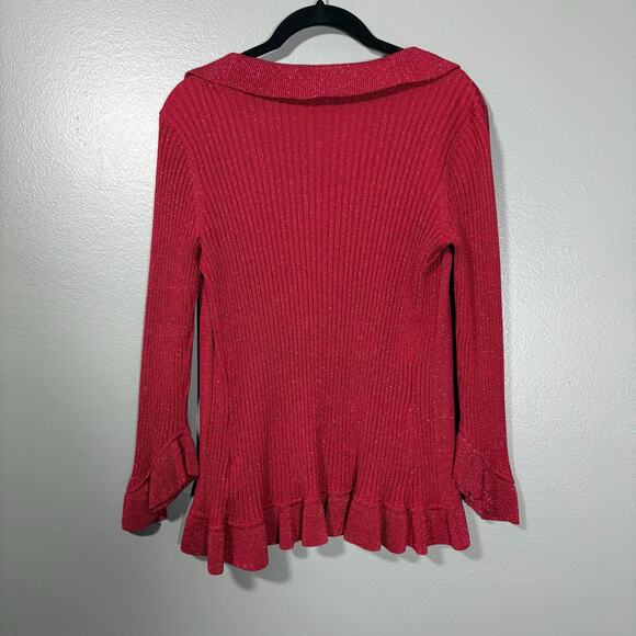 Nine West Women's Red & Gold Sparkle Ruffle Silk Cardigan Sweater - Size Small - Picture 5 of 5